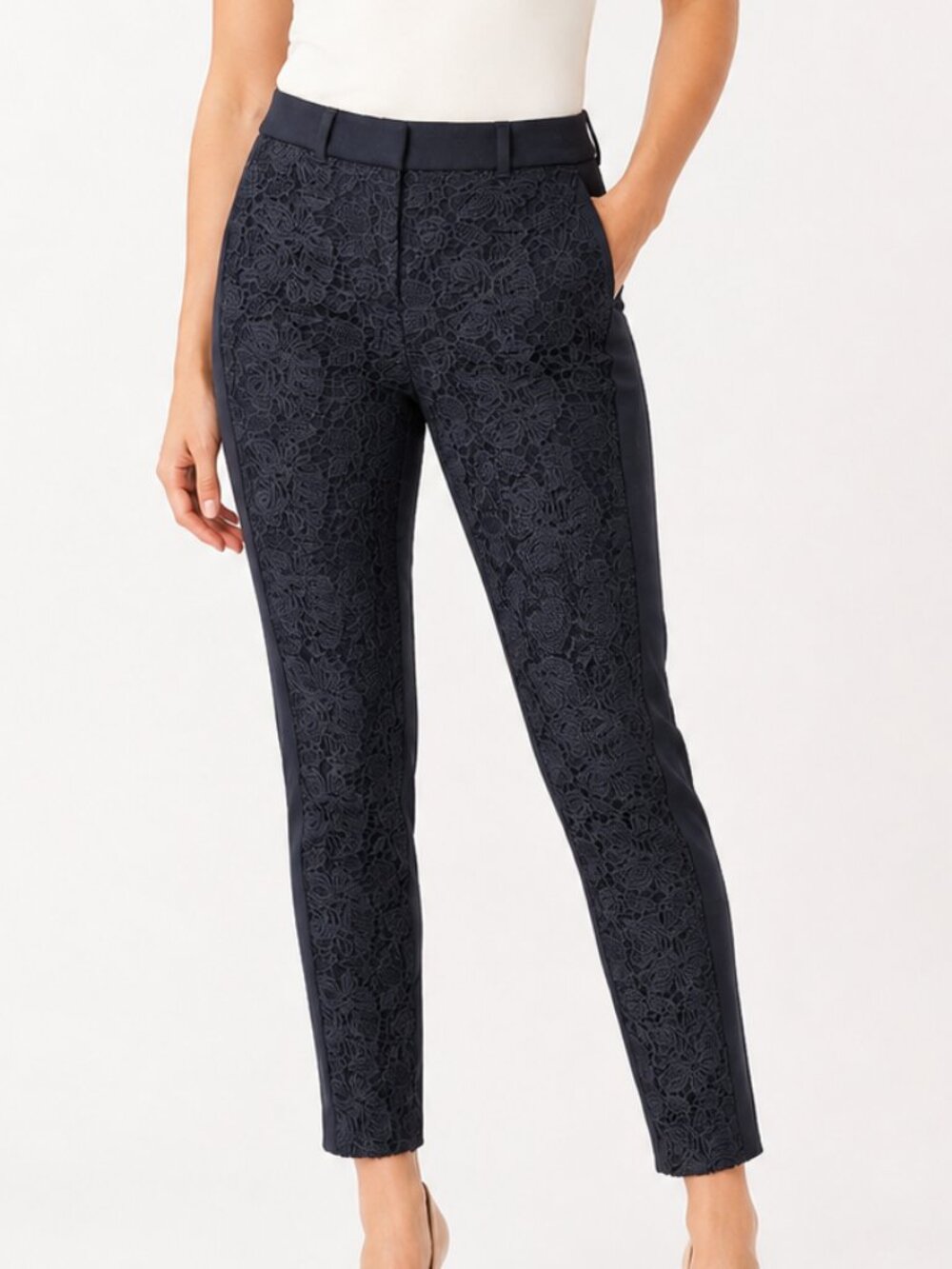 White House Black Market Slim Ankle Lace Dress Pants Black Size 0 WHBM